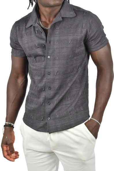 DeepSEA Kabartma Desenli Slim Fit Likralı Kısa Kollu Penye Gömlek 2403222 - Resim 7