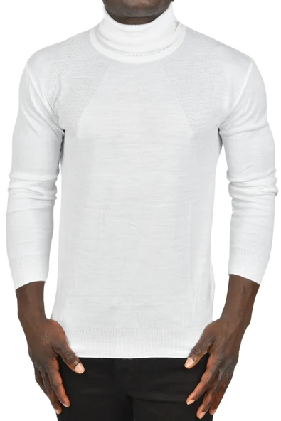 DeepSEA Tam Balıkçı Yaka Yanları Desenli Slim Fit Boğazlı Triko Kazak 2505495 - Resim 4