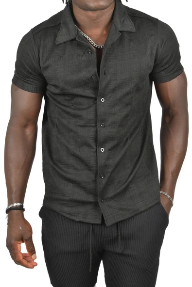 DeepSEA Kabartma Desenli Slim Fit Likralı Kısa Kollu Penye Gömlek 2403222 ürün görseli