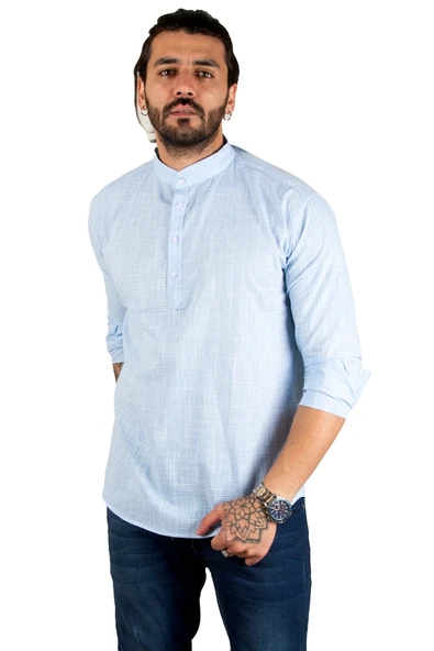 DeepSEA Yarım Düğmeli Hakim Yaka Flamlı Keten Gömlek 2201914 - Resim 6