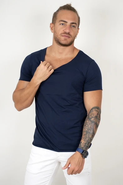 DeepSEA Geniş Yaka Likralı Tişört Oval Yaka Slim Fit Eteği Oval Açık Yaka T-shirt 1801199 - Resim 4