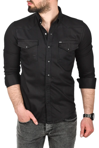 DeepSEA Slim Fit Pamuklu Cepli Kot Gömlek Çıtçıtlı Uzun Kollu Spor Gömlek 2502503 - 2