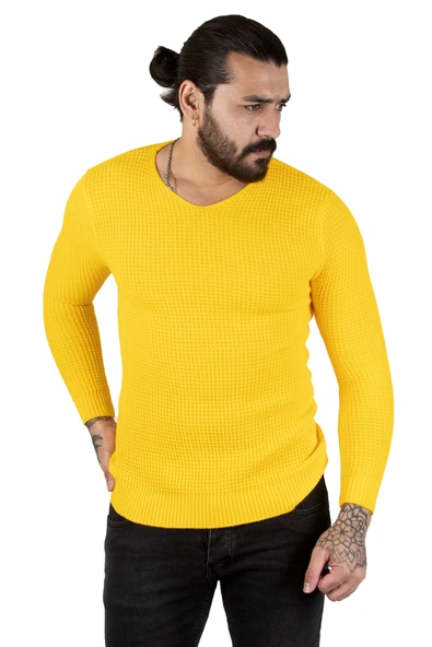 DeepSEA Kare Desenli Dar Kesim V Yaka Triko Kazak 2300341 - 10