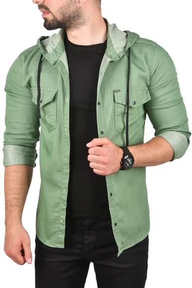 DeepSEA Kapüşonlu Slim Fit Dar Kesim Gömlek Likralı Pamuklu Likralı Kot Gömlek 2300396 - 10