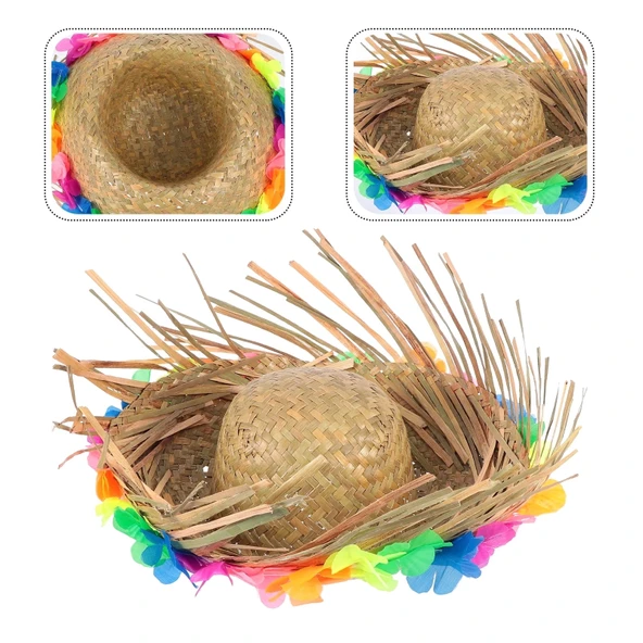 Naturel Renk Püsküllü Örme Hasır Hawaii Luau Aloha Şapka 13x36 Cm ürün görseli