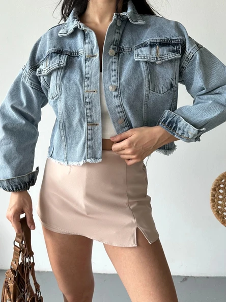 BİÇOMİ Çift kapaklı püsküllü crop buz mavi d2002 - Resim 5