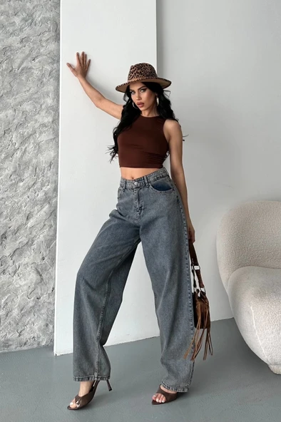 BİÇOMİ Baggy kar yıkama eskitme kahve jeans pantolon d2007 - Resim 5