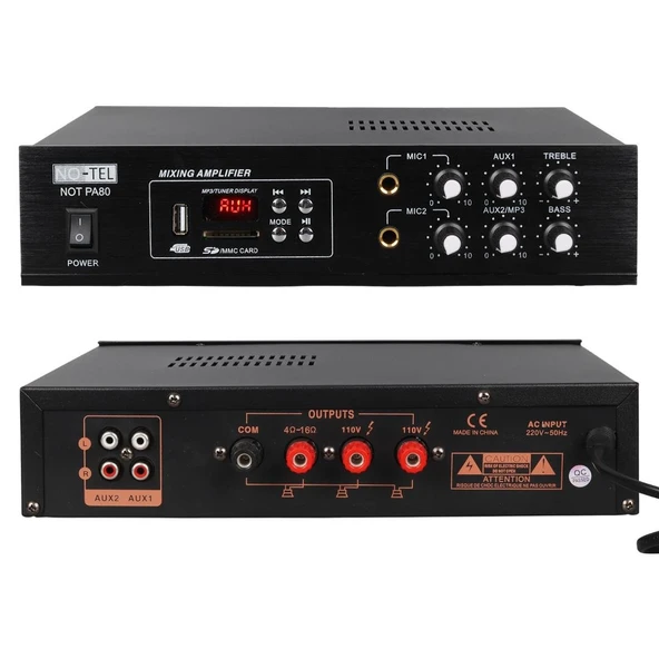 No-Tel 80 W Mini USB-SD-Bluetooth 70-100 V 2 Mik. Giriş Trafolu Anfi NOT-PA80