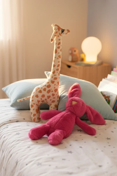 2’li Peluş Zürafa ve Koyu Pembe Tavşan Seti Hediyelik Sevimli Oyuncak