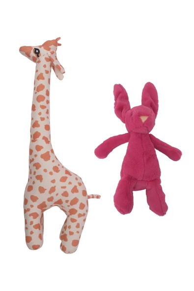 2’li Peluş Zürafa ve Koyu Pembe Tavşan Seti Hediyelik Sevimli Oyuncak - 4