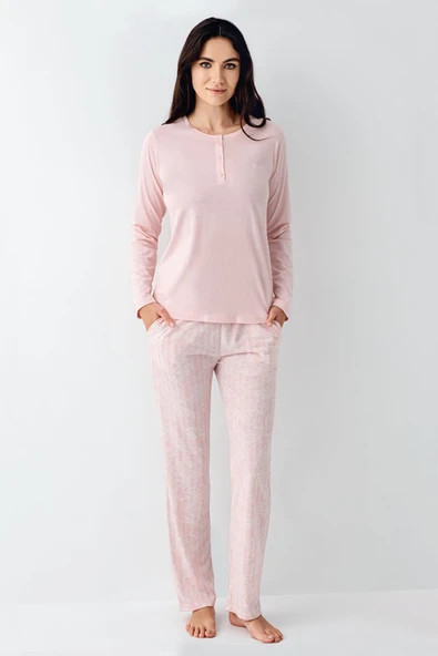 Pierre Cardin Paris Büyük Beden Kadın Modal Pamuklu Pembe Düğmeli Uzun Kollu Pijama Takım - 2