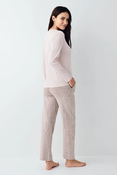 Pierre Cardin Paris Modal Pamuklu Kadın Pembe Desenli Uzun Kollu Pijama Takım - 4