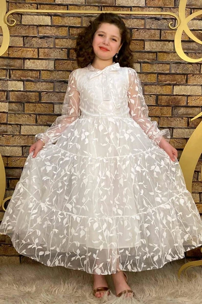 Kız Çocuk Kolları ve Yakası Şeffaf Tüllü ve Yaprak Detaylı Beyaz Elbise ürün görseli