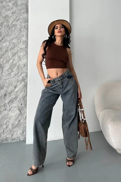 Baggy kar yıkama eskitme kahve jeans pantolon d2007 ürün görseli