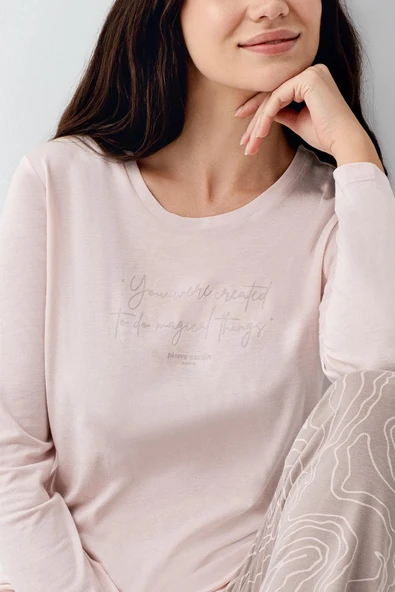 Pierre Cardin Paris Modal Pamuklu Kadın Pembe Desenli Uzun Kollu Pijama Takım - 3