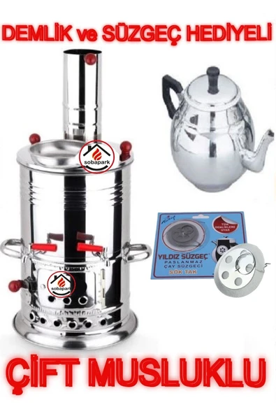 sobapark Çift Musluklu Odunlu Kömürlü Paslanmaz Semaver Kendinden Demlikli Semaver Semaver 5 Lt Demlik 1 Lt