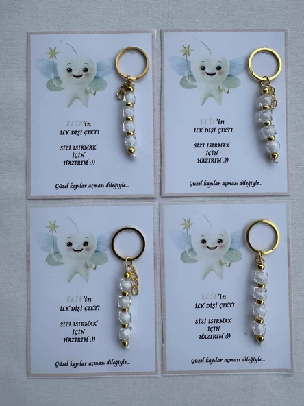 72 Adet Beyaz Renk İsme Özel İlk Dişim Çıktı Diş Partisi Diş Buğdayı Hatırası Hediyelik Anahtarlık - Resim 3