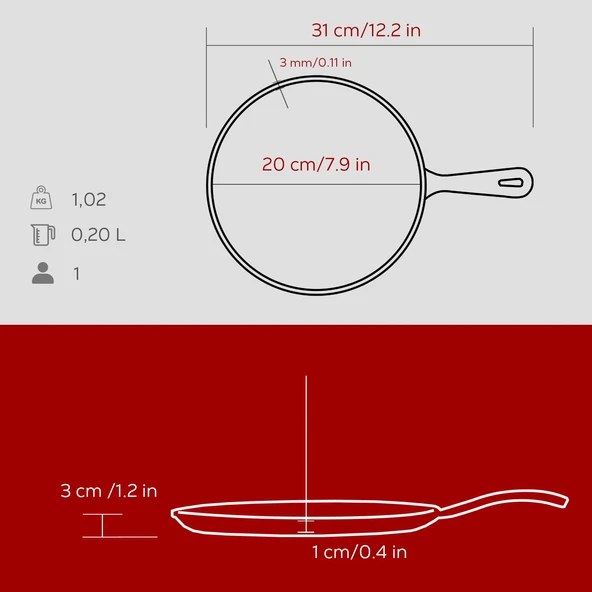 Lava Döküm Yuvarlak Pizza Krep Pankek Tavası Döküm Demir Yekpare Saplı Çap(Ø)20cm.-Bordo - Resim 5
