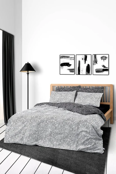 Cozy Home Mono Çift Kişilik Lastikli Çarşaflı Nevresim Takımı Maze Siyah - Resim 2