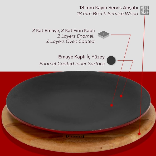 Lava Döküm Yuvarlak Servis Tabağı ve Kayın Servis Ahşabı. Çap(Ø)25cm.-Bordo - Resim 6