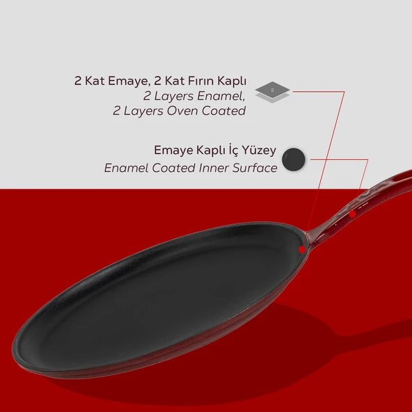Lava Döküm Yuvarlak Pizza Krep Pankek Tavası Döküm Demir Yekpare Saplı Çap(Ø)20cm.-Bordo - Resim 6