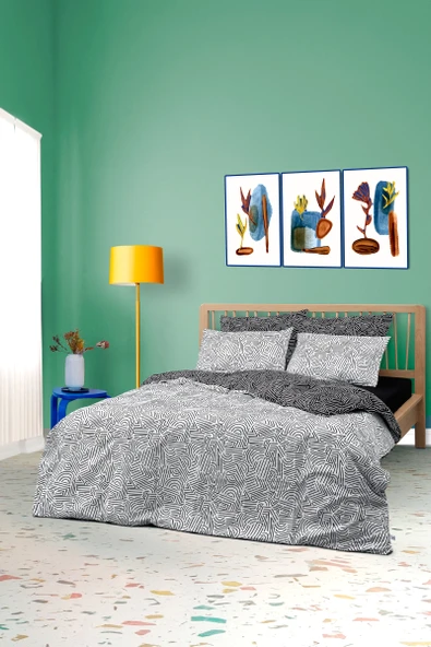 Cozy Home Mono Çift Kişilik Lastikli Çarşaflı Nevresim Takımı Maze Siyah ürün görseli 1