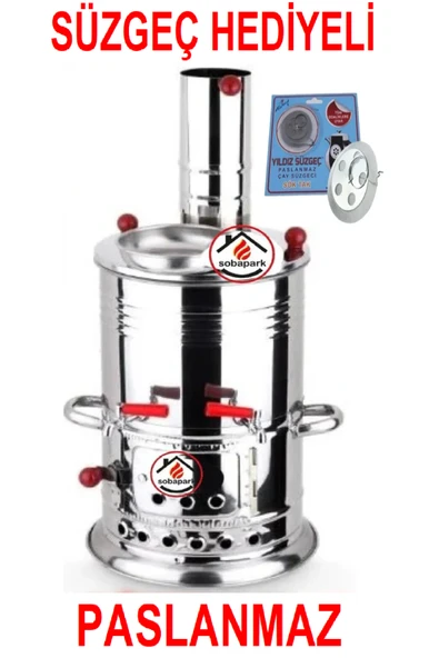 sobapark Çift Musluklu Odunlu Kömürlü Çay Semaveri Odunlu Kömürlü Paslanmaz Semaver 5 Litre