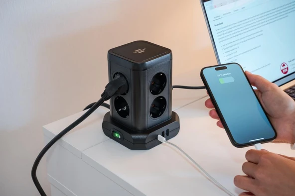 Brennnestuhl Premium Serisi Masa Üstü 8 Soketli 1Type-C + 2 USB li Kule Tipi 2 Metre Kablolu Priz - Resim 4