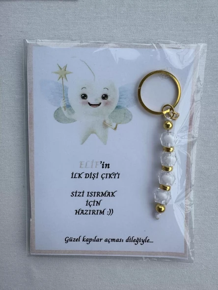 48 Adet Beyaz Renk İsme Özel İlk Dişim Çıktı Diş Partisi Diş Buğdayı Hatırası Hediyelik Anahtarlık - Resim 2