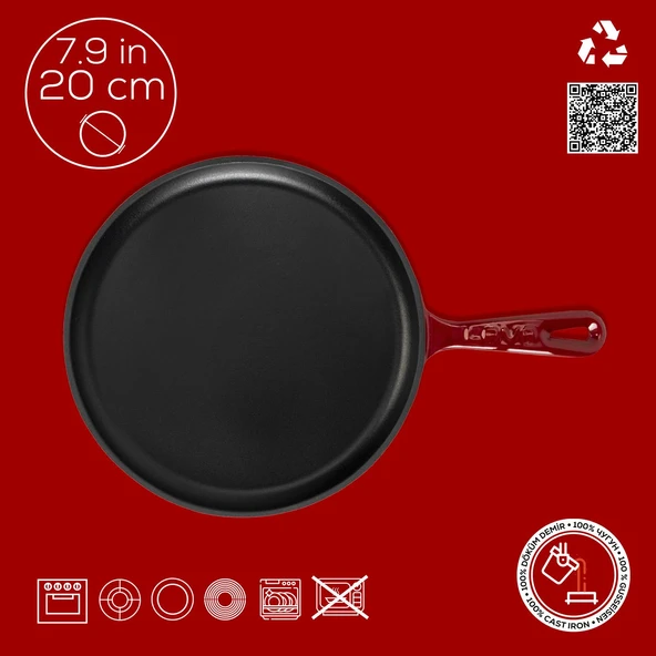 Lava Döküm Yuvarlak Pizza Krep Pankek Tavası Döküm Demir Yekpare Saplı Çap(Ø)20cm.-Bordo - Resim 4