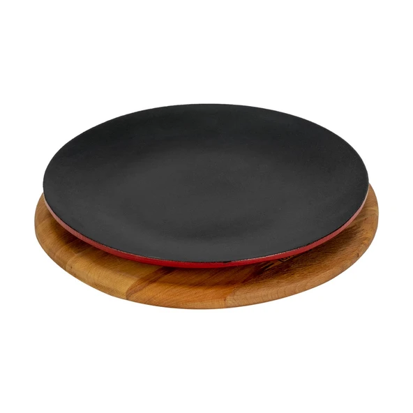 Lava Döküm Yuvarlak Servis Tabağı ve Kayın Servis Ahşabı. Çap(Ø)25cm.-Bordo - Resim 2