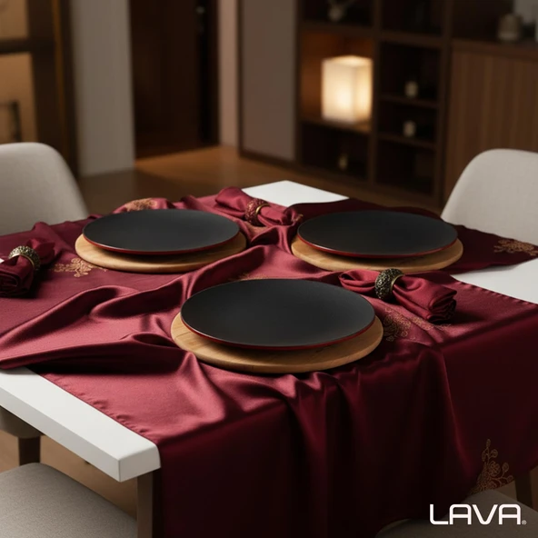 Lava Döküm Yuvarlak Servis Tabağı ve Kayın Servis Ahşabı. Çap(Ø)25cm.-Bordo - Resim 7