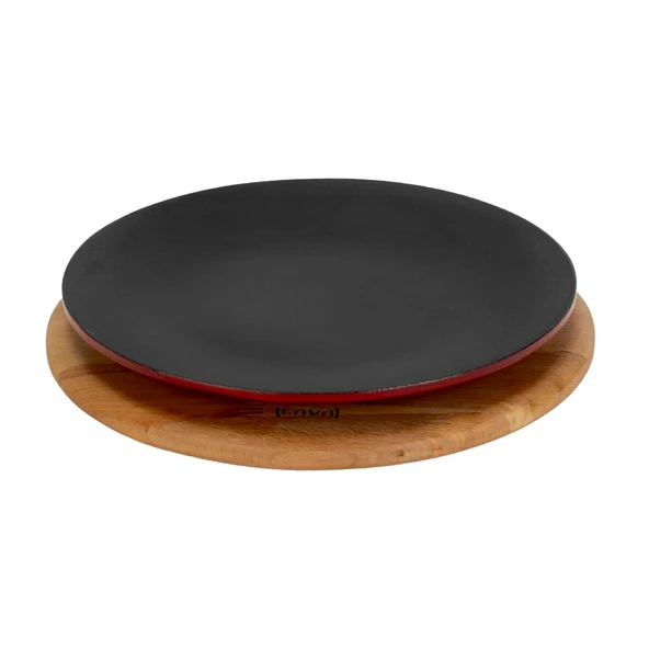 Lava Döküm Yuvarlak Servis Tabağı ve Kayın Servis Ahşabı. Çap(Ø)25cm.-Bordo ürün görseli 1