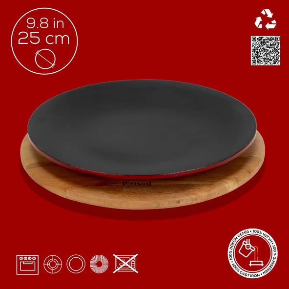 Lava Döküm Yuvarlak Servis Tabağı ve Kayın Servis Ahşabı. Çap(Ø)25cm.-Bordo - Resim 4