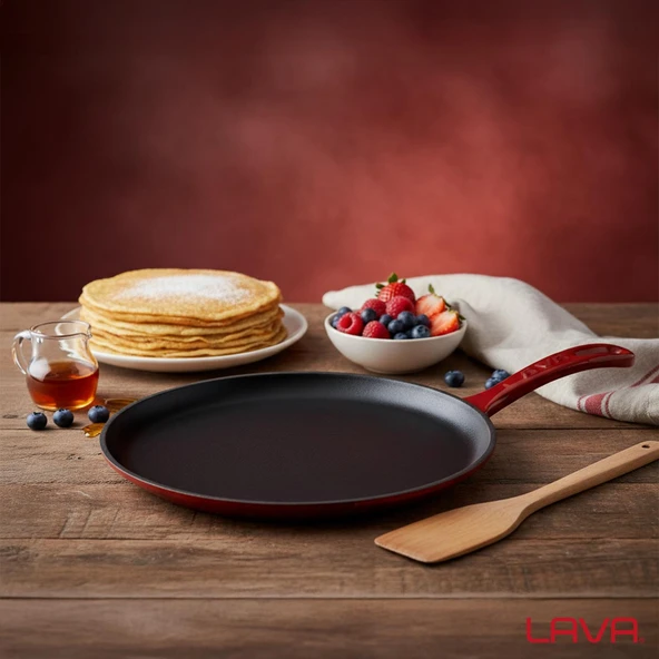 Lava Döküm Yuvarlak Pizza Krep Pankek Tavası Döküm Demir Yekpare Saplı Çap(Ø)20cm.-Bordo - Resim 7