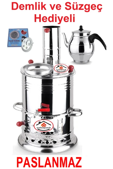 sobapark Tek Musluklu Odunlu Kömürlü Çay Semaveri Odunlu Kömürlü Semaver - 5 Litre - Demlik 1 Litre