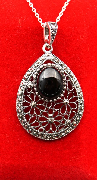 925 Ayar Kadın Oltu Taşı Kadın Kolye sk00086 - Resim 2