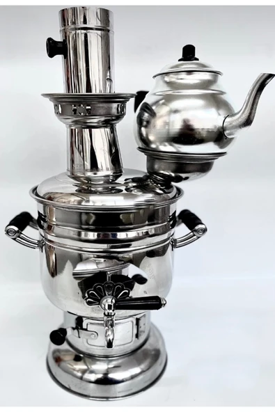sobapark 4,5 Litre Krom Çelik Kömürlü Semaver Çay Semaveri Odunlu Semaver Demlik Hediyeli ( 1 Litre )