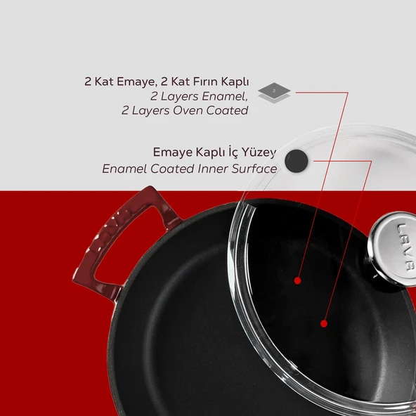 Lava Döküm Yuvarlak Sahan Cam Kapaklı Döküm Demir Yekpare Çift Kulplu Çap(Ø)24cm. - Resim 6