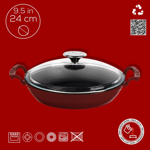 Lava Döküm Yuvarlak Sahan Cam Kapaklı Döküm Demir Yekpare Çift Kulplu Çap(Ø)24cm. ürün görseli 1