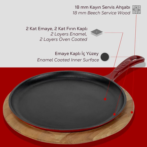 Lava Döküm Yuvarlak Pizza Krep Pankek Tavası Döküm Demir Yekpare Saplı Kayın Servis Ahşabı Çap(Ø)20cm.-Bordo - Resim 6