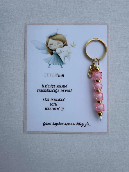 100 Adet Pembe Renk İsme Özel İlk Dişim Çıktı Diş Partisi Diş Buğdayı Hatırası Hediyelik Anahtarlık - 1