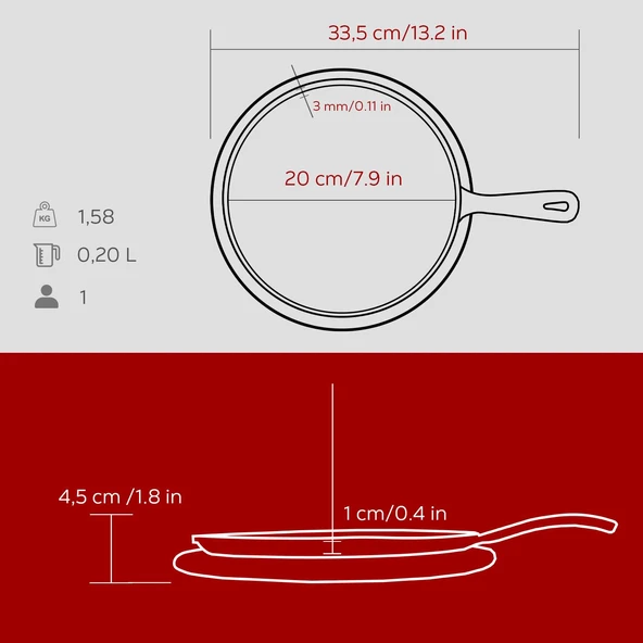 Lava Döküm Yuvarlak Pizza Krep Pankek Tavası Döküm Demir Yekpare Saplı Kayın Servis Ahşabı Çap(Ø)20cm.-Bordo - Resim 5