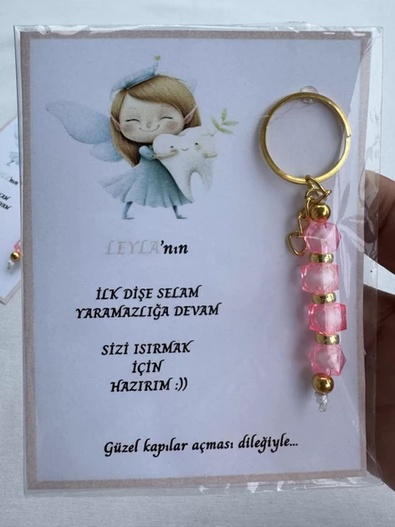 100 Adet Pembe Renk İsme Özel İlk Dişim Çıktı Diş Partisi Diş Buğdayı Hatırası Hediyelik Anahtarlık - 4