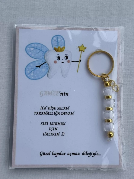 100 Adet Beyaz Renk İsme Özel İlk Dişim Çıktı Diş Partisi Diş Buğdayı Hatırası Hediyelik Anahtarlık - Resim 3