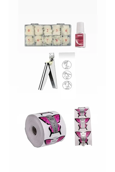 Protez Tırnak 500'lü Kemik Tips tips Makası Ve MXBON 500'lü Kelebek Protez Tırnak Şablonu SET ürün görseli 1