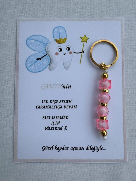 24 Adet Pembe Renk İsme Özel İlk Dişim Çıktı Diş Partisi Diş Buğdayı Hatırası Hediyelik Anahtarlık - 1