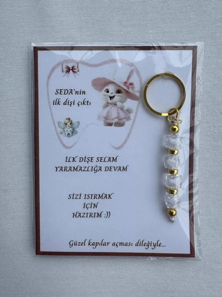 24 Adet Beyaz Renk İsme Özel İlk Dişim Çıktı Diş Partisi Diş Buğdayı Hatırası Hediyelik Anahtarlık - Resim 4