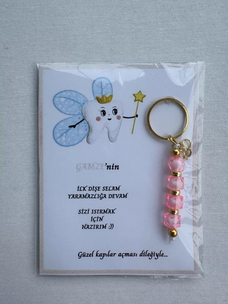 100 Adet Pembe Renk İsme Özel İlk Dişim Çıktı Diş Partisi Diş Buğdayı Hatırası Hediyelik Anahtarlık - Resim 3