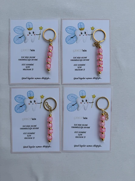 72 Adet Pembe Renk İsme Özel İlk Dişim Çıktı Diş Partisi Diş Buğdayı Hatırası Hediyelik Anahtarlık - 2